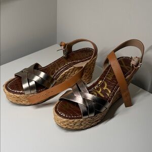 Sam Edelman Tan and Gold Espadrille Wedges